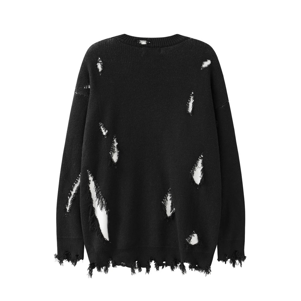 High Street Frayed Ripped Damaged Baggy Fall Sweater for Men and Women Crew Neck Letter Patchwork Casual Woolen Knitted 241018