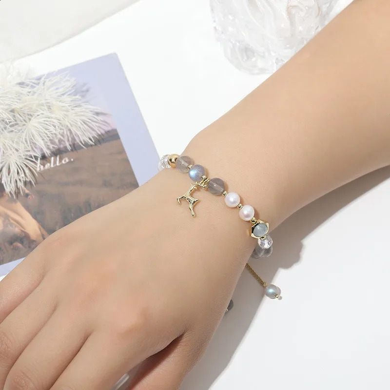 Minar Fashion Gold Copper Chain Transparent Moonstone Natural Stone Freshwater Pearl Bead Deer Charm Bracelet 241018