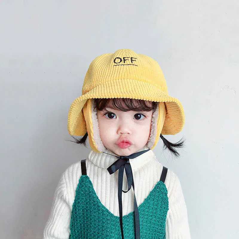 Winter Corduroy Baby Bucket Hat Thicken Plush Ear Protection Fisherman Cap for Toddler Korean Letter Kids Earmuff Hats LX241018