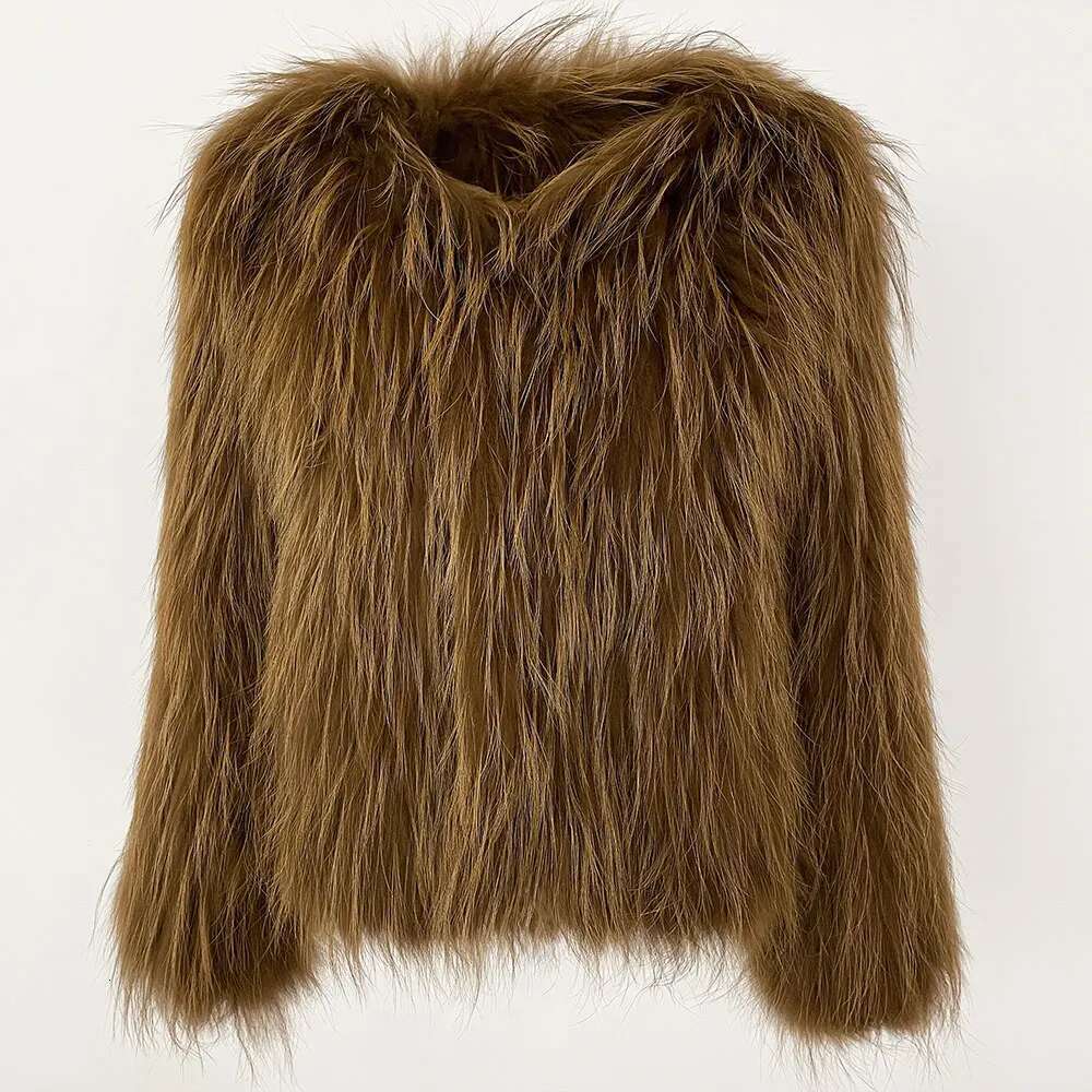 Real Raccoon Double-Side Knitted Thicken Natural Fur Jacket Long Sleeve V-Neck Winter Coat Women
