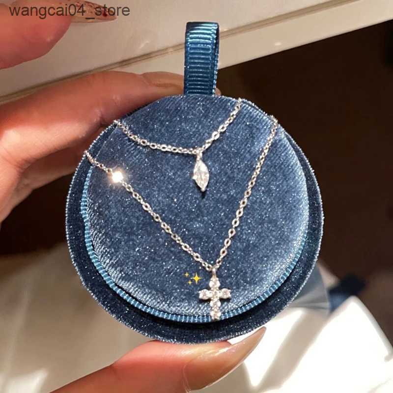 Chokers New 925 sterling silver double cross necklace with gold geometric shape pendant necklace womens jewelry birthday gift L240910