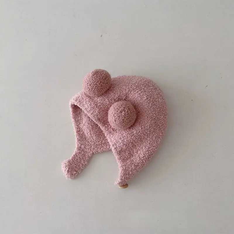 Cute Winter Warm Kids Girl Boys Baby Hats Fleece Wool Hemming Caps with Ball Solid Wool Ear Protection Hats Soft Newborn Bonnet LX241018