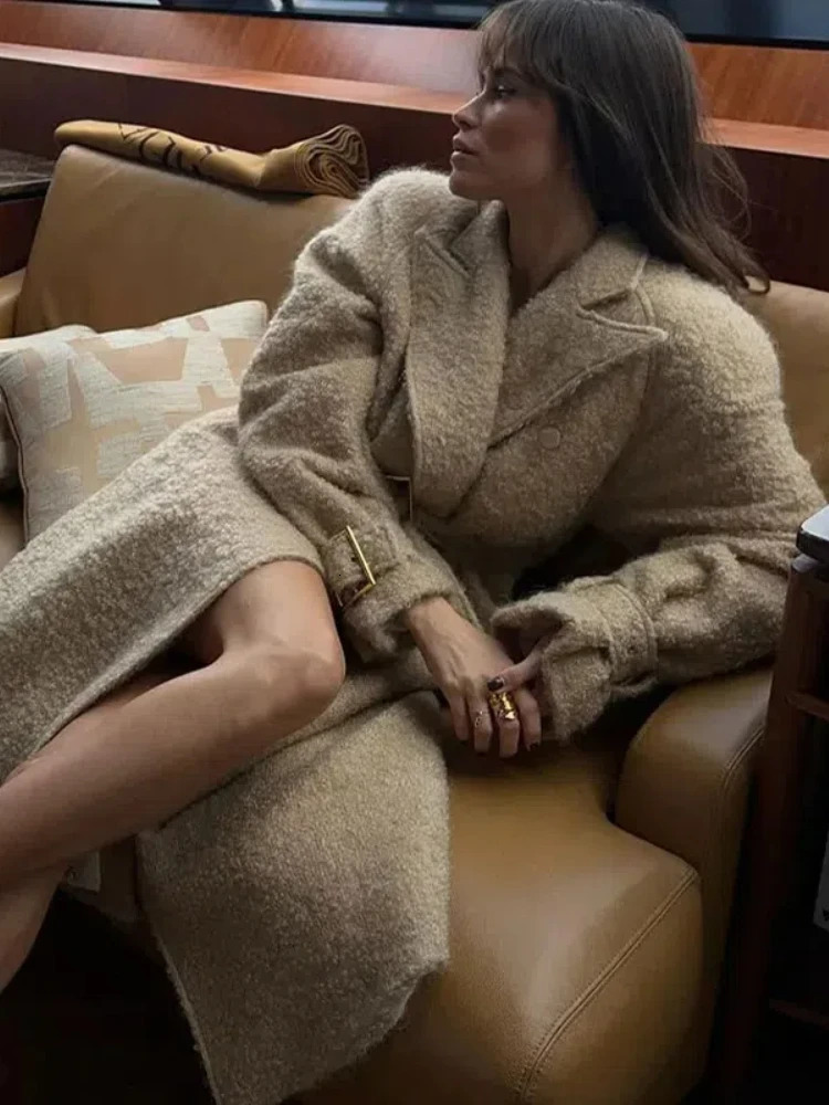 Retro DoubleBreasted Woolen Long Coats Women Casual Lapel Pockets Maxi Coat With Belt Female Autumn Elegant Chic Street Outwear 241018