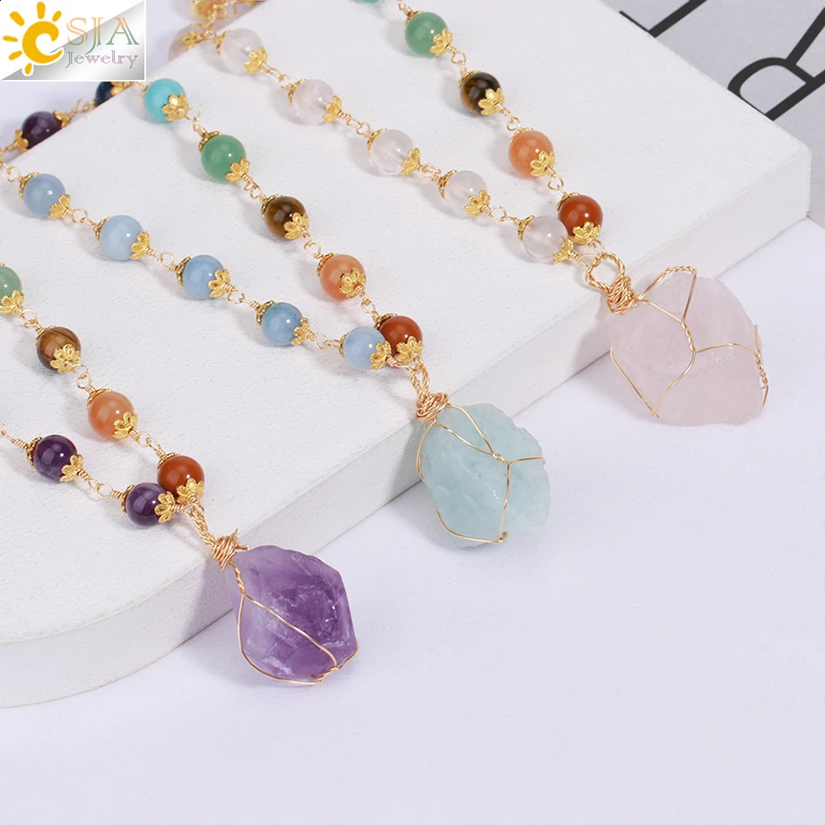 CSJA Treatment 7 Chakra Necklace Female Irregular Natural Stone Pendant Gold Stainless Steel Necklace Jewelry H175 241018