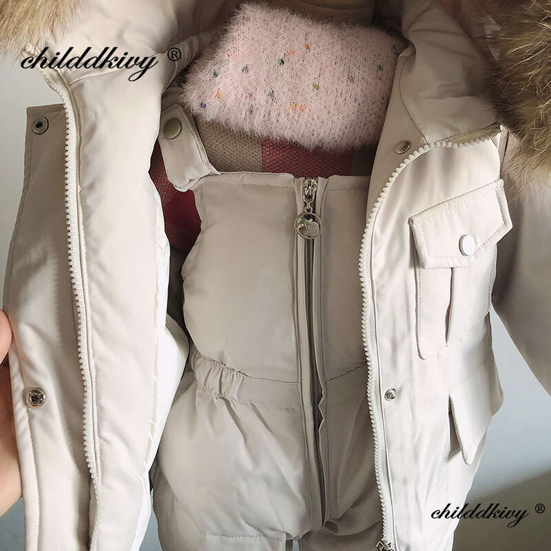 2Pcs Set Children Winter Down And Jumpsuit Baby Thicken Jacket For Girls Coat Warm Real Fur Collar Boys Snowsuit 0-4Y