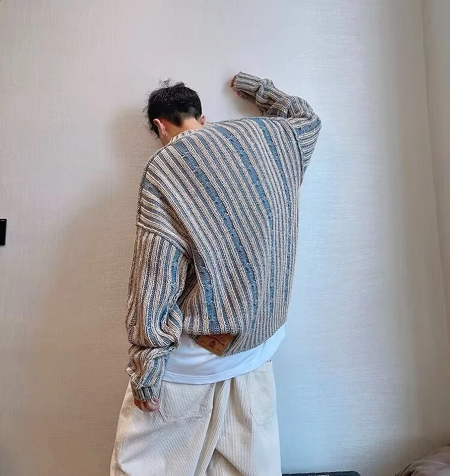 Y2K striped mens crochet sweater long sleeved knitted T-shirt Korean fashion streetwear pull-out patch staff knitted sweater 241018