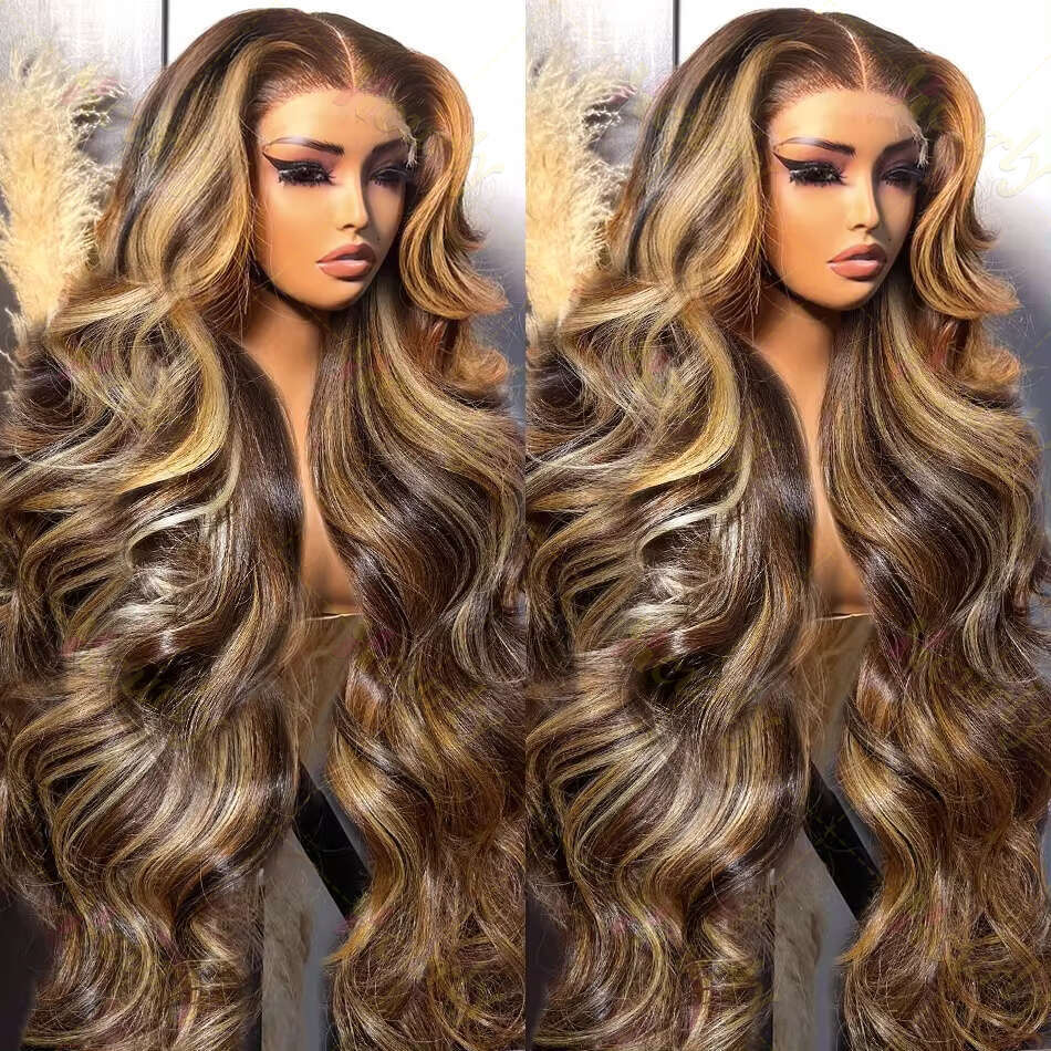 4/27 Highlight Body Wave Human Hair Brazilian 30 32 Inch Colored Ombre Blonde 13x6 HD Transparent Lace Frontal Wig For Women