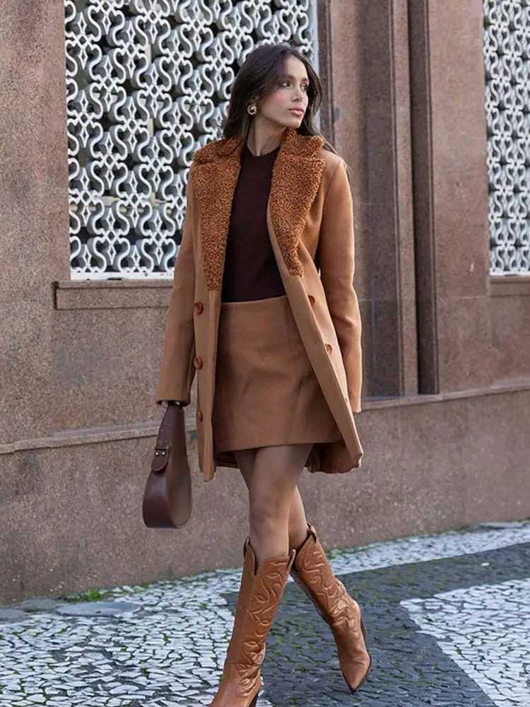 Womens Brown Lamb Wool Patchwork Midi Jacket Fashion Solid Lapel Double Breasted Warm Coat Autumn Lady Commute Office OutwearsX241018