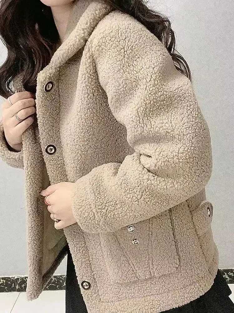Thicken Warm Faux lamb Wool Coat 2022 Autumn Winter Loose Long-sleeve Outerwear Solid Women Jacket Parkas Casual TopsX241018