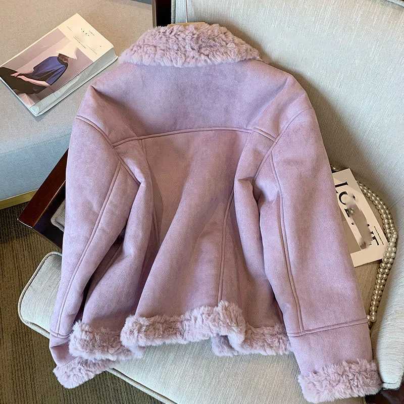 Lucyever Purple Lamb Wool Jacket for Woman 2023 Autumn Winter New Thick Warm Short Jacket Female Korean Style Plush Lapel CoatX241018
