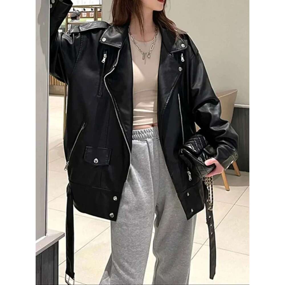 Oversize American Loose Motorcycle Faux Leather Jackets Fashion Black PU Coat Women With Belt Causal Outerwear