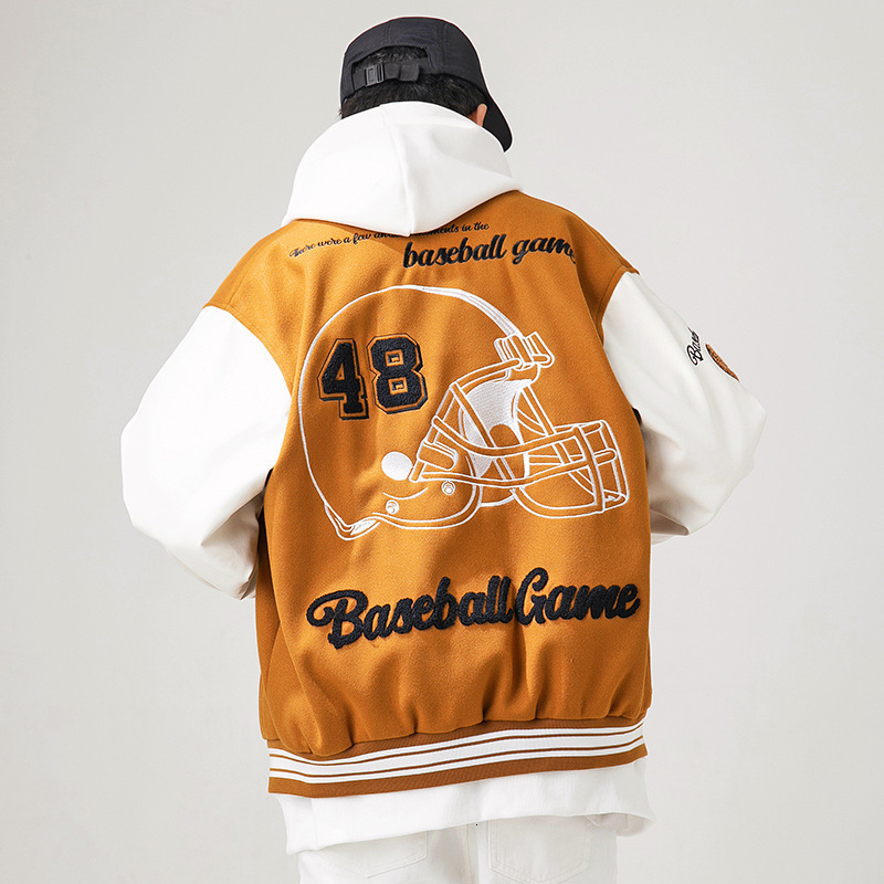 Hat Pattern Embroidery Varsity Bomber Jacket Men And Women Baseball Uniform Retro College Patchwork Leather Sleeve Outcoat Brown