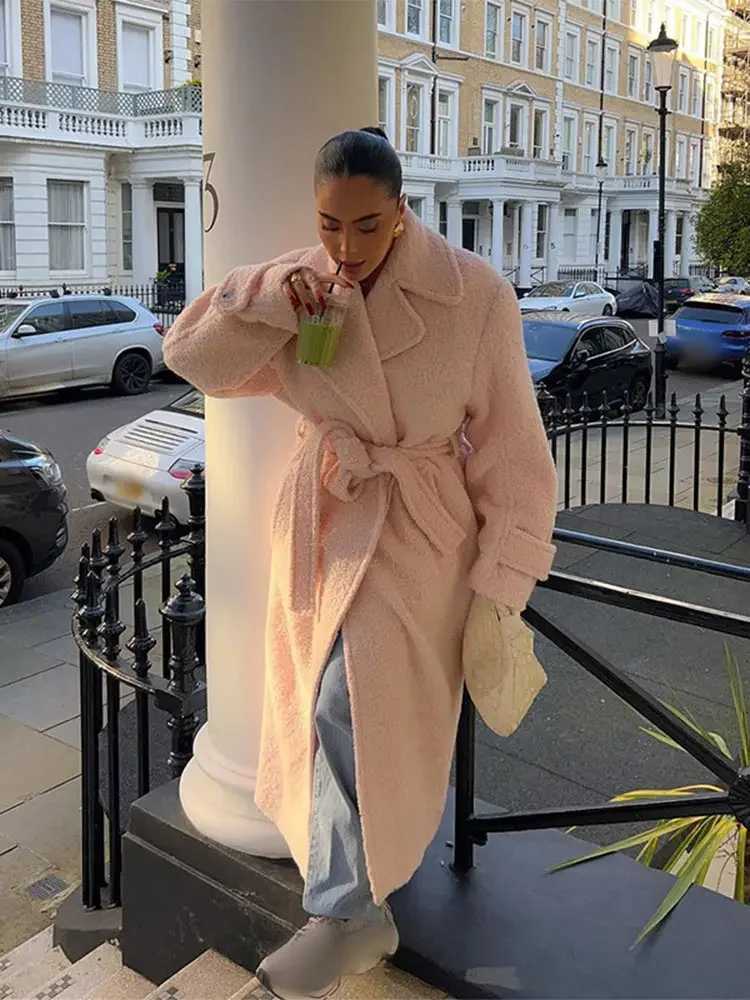 Sweet Pink With Belt Woolen Overcoat Women Fashion Lapel Long Sleeve Warm Long Coat 2024 Autumn Winter New Lady Street OuterwearX241009