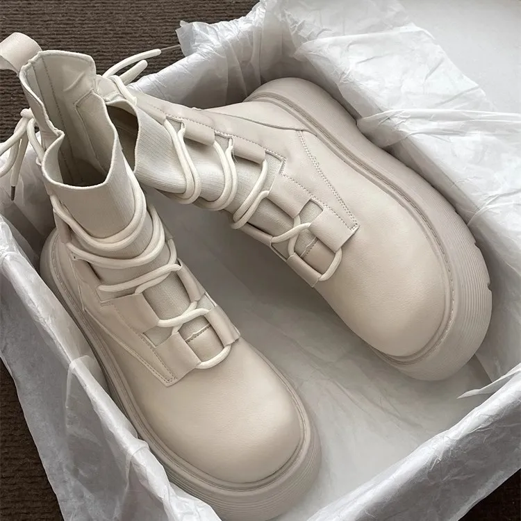 Designer Boot White Womens Boots British-Style Martin - Thick Sole Elevating Lace-Up Ankle Women's Martin Boots