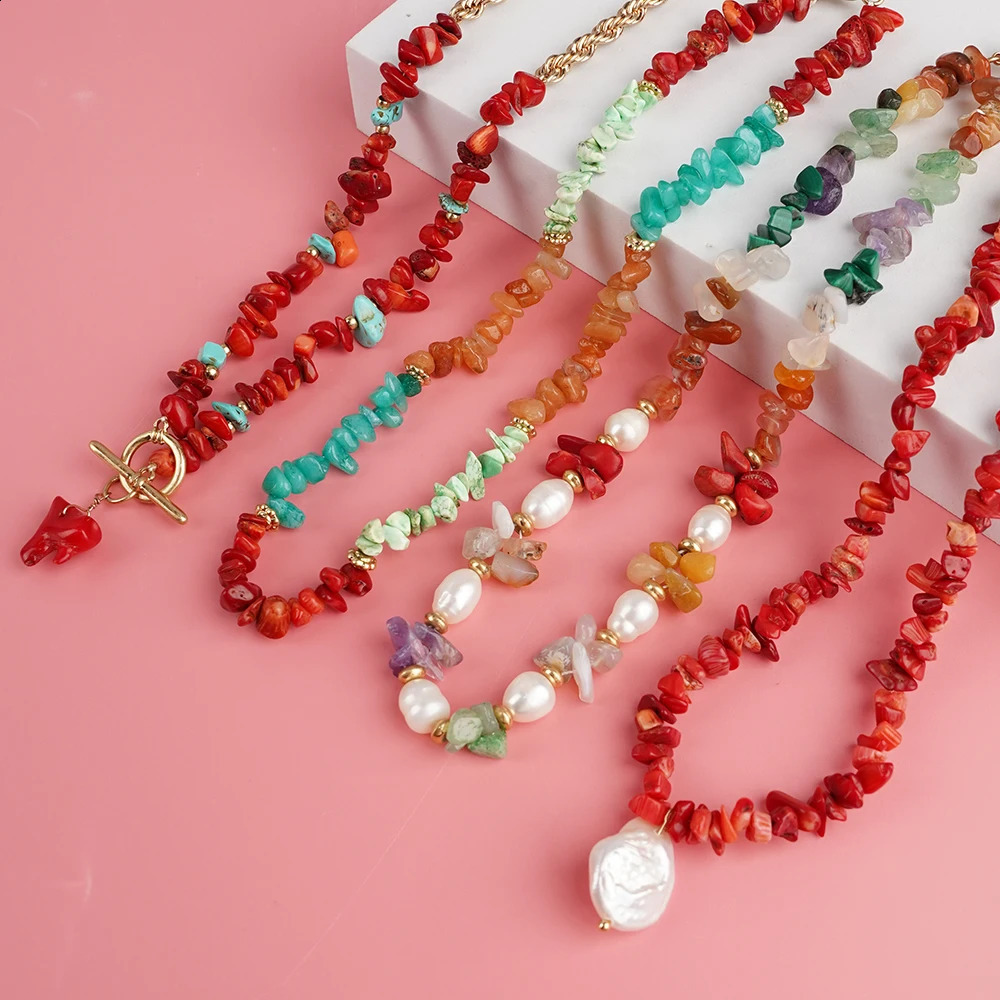 Bohemian real coral chain natural stone necklace irregular retro bead spiritual jewelry womens gift 241018