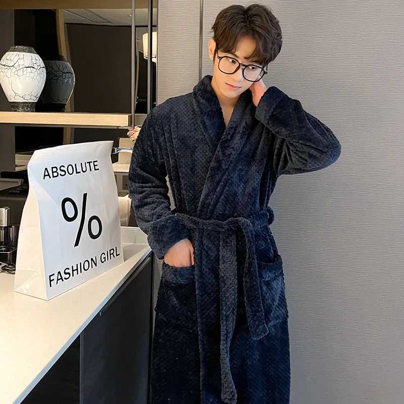 Men Robe Kimono Solid Color Flannel Winter Sleepdress Night Dress Long Sleeves Cardigan Bathrobe Home Dress Loose Home ClothesXJ241018