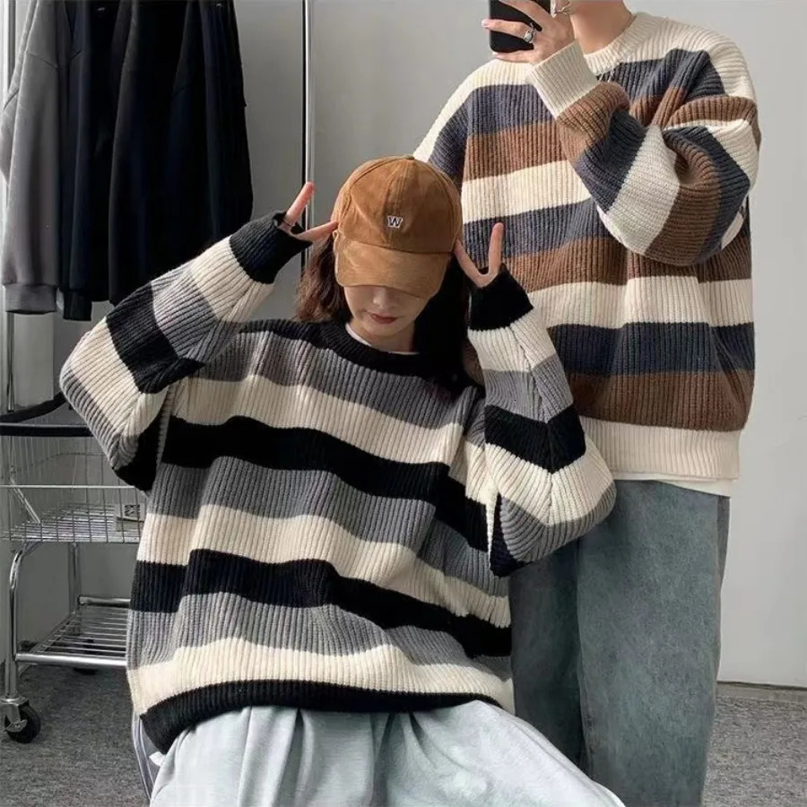 Warm Knitwear Thick Striped Mens Knit Sweater Fleeced Crewneck Round Collar Pullovers Male Vintage Long Sleeve Streetwear 241018