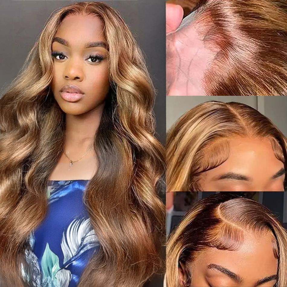 200 Density 427 Highlight Ombre 13X6 HD Frontal Body Wave Human Hair 13X4 Lace Front Wig 13X5 30 32Inch Brazilian Brown