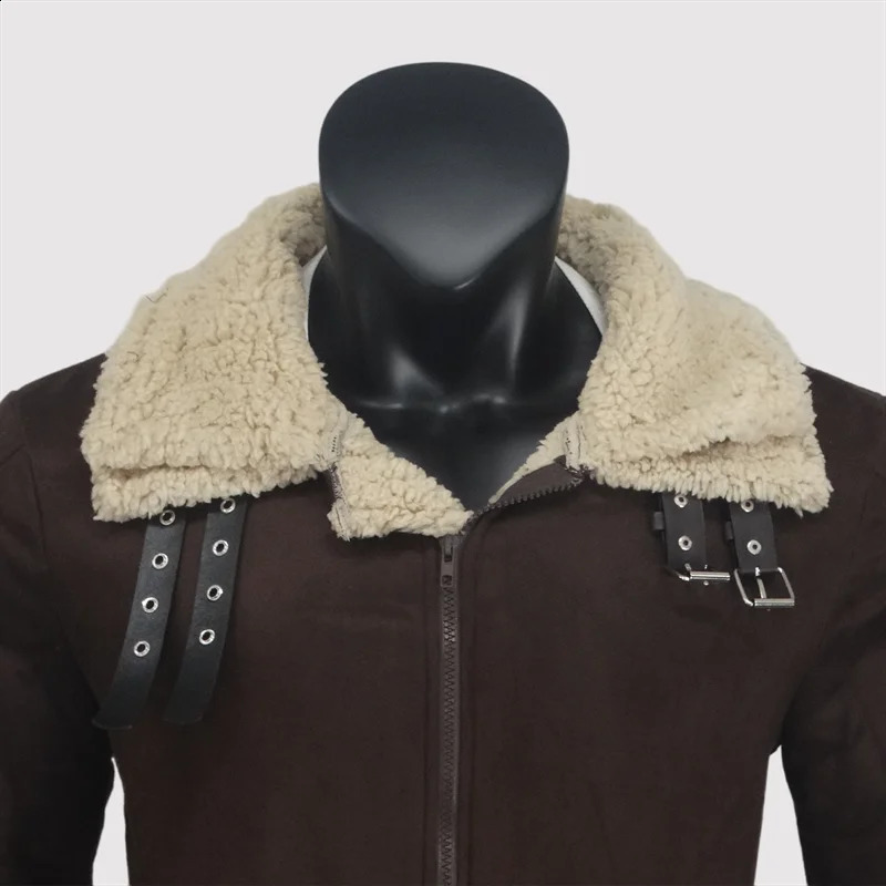 Suede jacket mens winter warm long wool jacket with zipper decoration bicycle jacket outdoor double-layer S-5XL 241007
