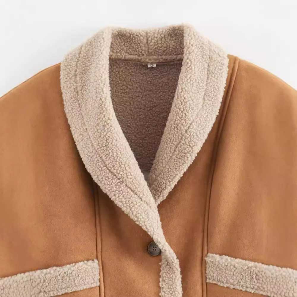 Fashion Lapel Lamb Wool Patchwork Coat Casual Long Sleeve Single Breasted Coat Pocket Warm Autumn Winter Womens Suede JacketX241018