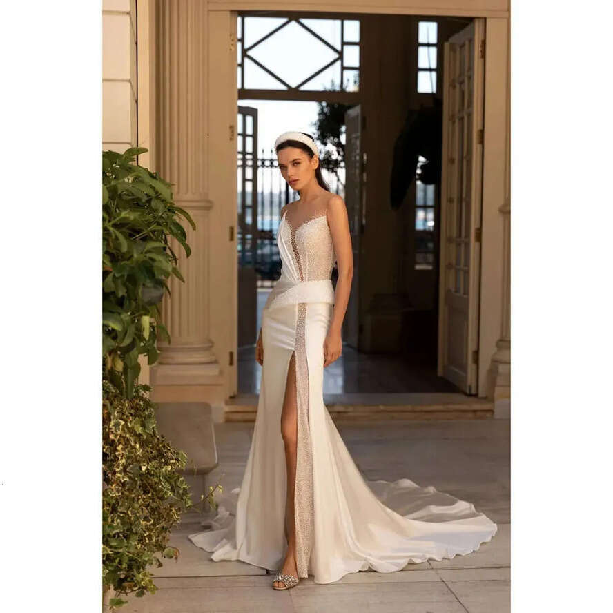 Transparent Mermaid V Collar Neck Elegant Wedding Tulle Design Beaded Satin Chiffon Split Trailer Plus Size Bride Gown Celebrity Dress Vestidos De Nov