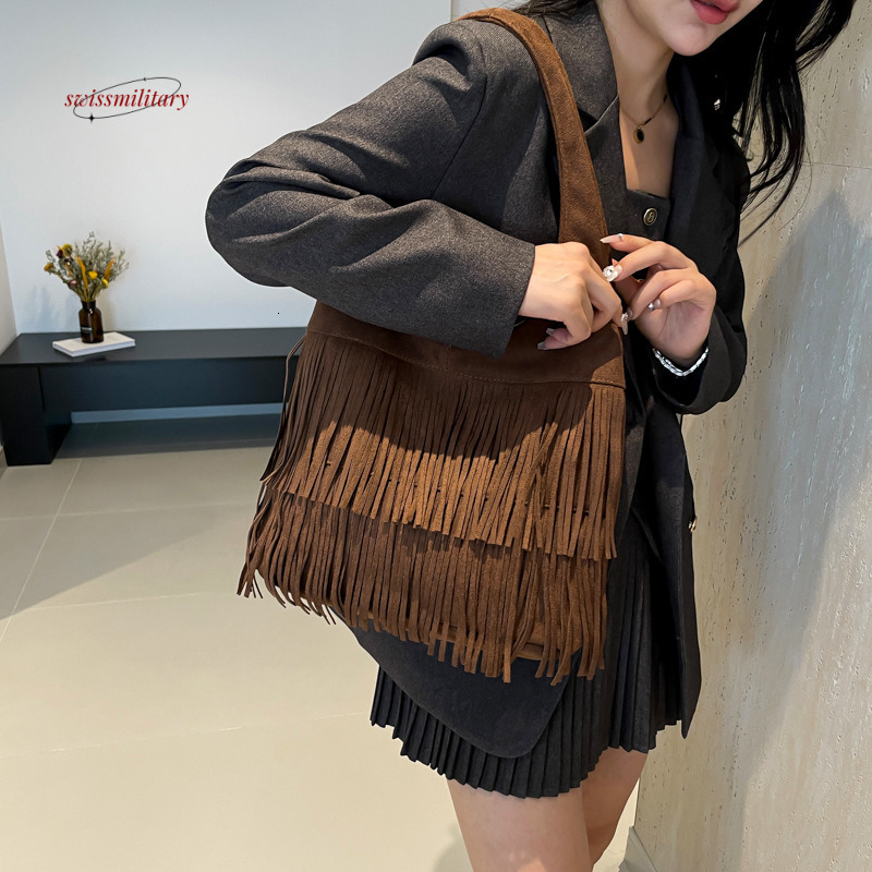 American matte tassel shoulder 2024 large capacity tote bag, vacation style bohemian armpit bag #30