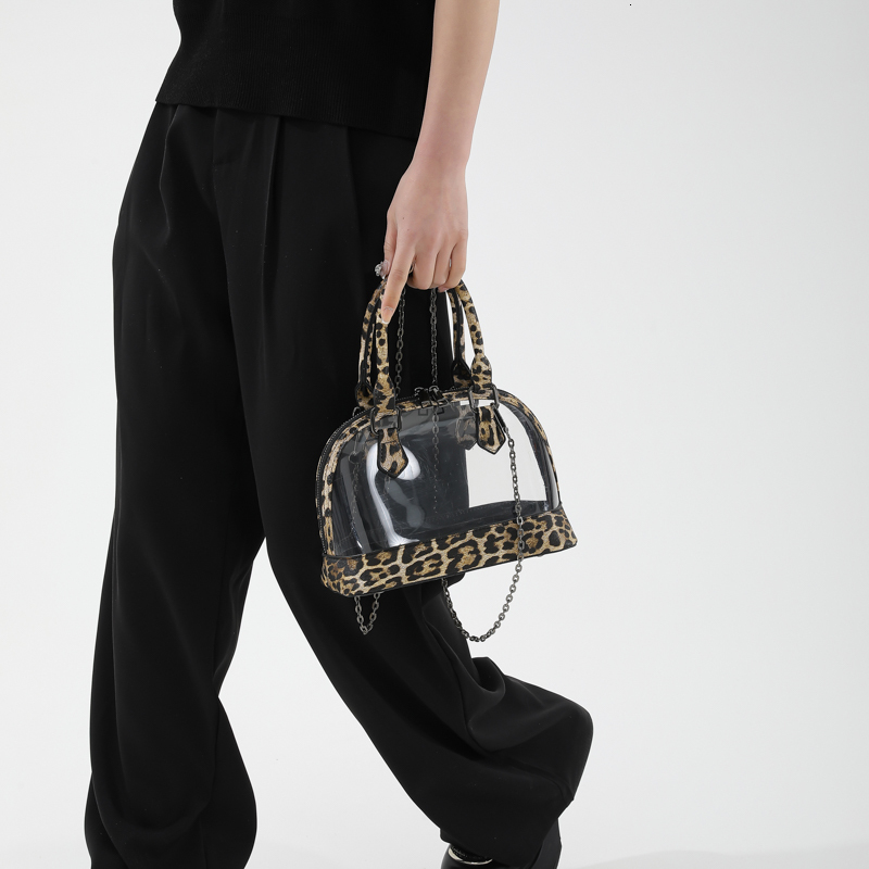 Brand Shell Handbag For Women Vintage Khaki Leopard Leather Shoulder Bag Female Waterproof Transparent PVC Crossbody Bags