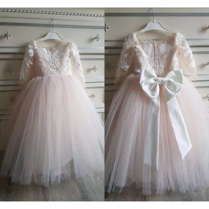 Wer Tulle Lace New Girls Dresses Long Sleeves For Child Wedding Party Bridesmaid Maxi Ball Gown Communion Evening Mc