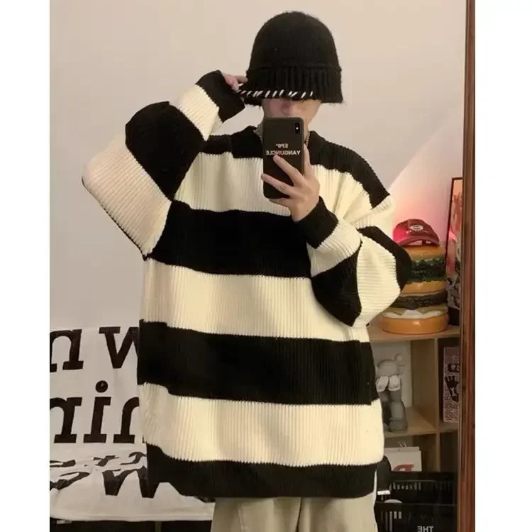 Korean style patchwork striped sweater for men in autumn and winter lazy loose knitted round neck retro trendy 241018