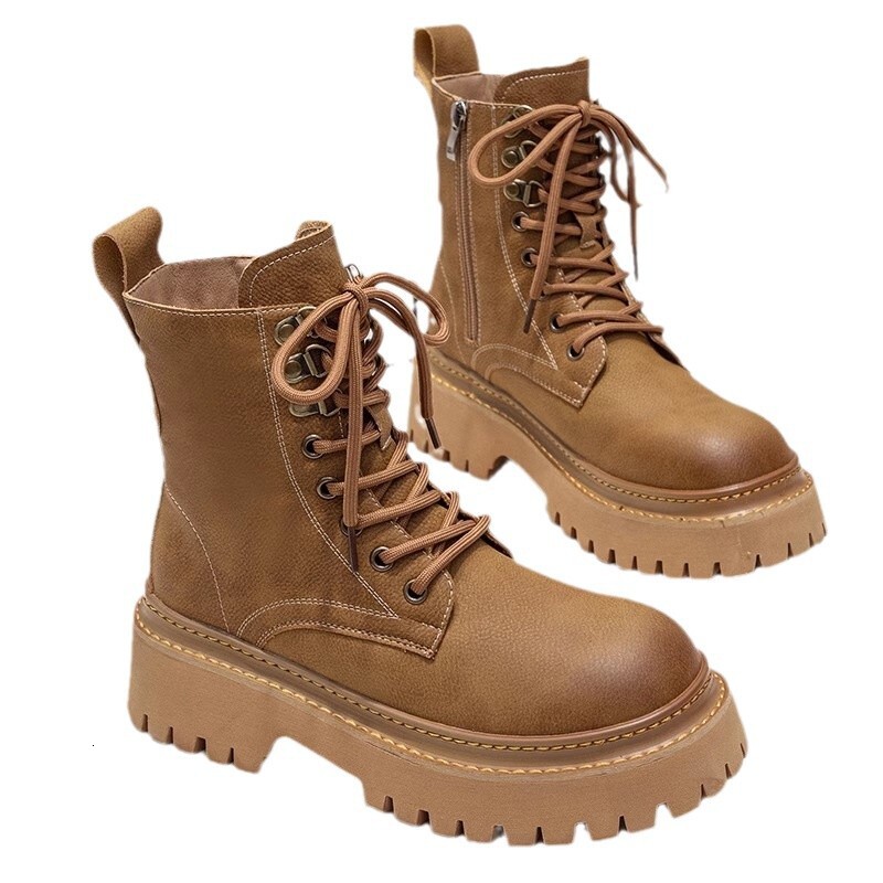 Thick soled Martin boots women's 2024 autumn and winter new workwear with fleece short boots brown motorcycle boots big yellow single boots