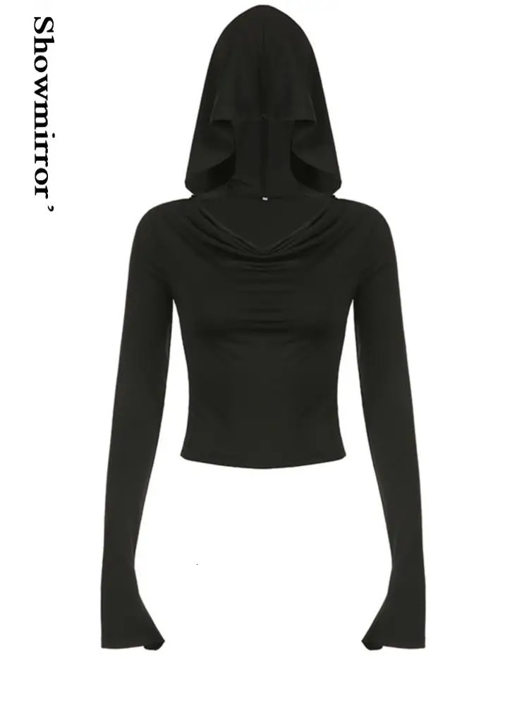 flare sleeve Hooded Crop Top tshirt Elastic Long Sleeve tee shirt Women Black Casual Tshirt Collar Hoodies Pullover 241018