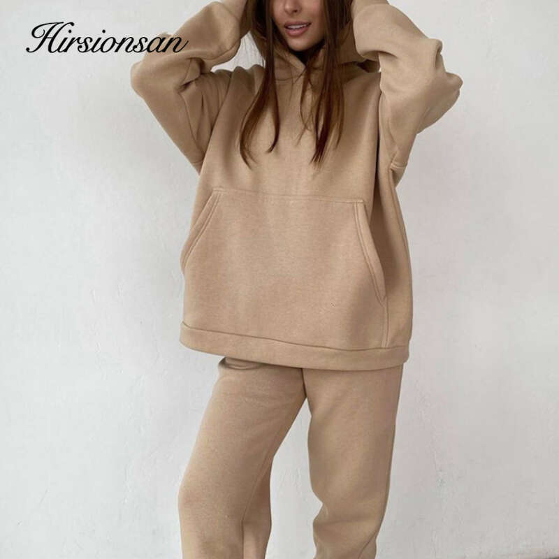 Hirsionsan Soft Cotton Fleece Women Autumn Winter Thicken Warm Hoodie Sweatshirts And Pants Two Piece Sets Ladies Tracuit