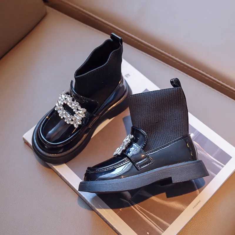 Boots Diamond girl socks shoes childrens leather boots autumn and winter baby fashion anti slip rubber sole H241018