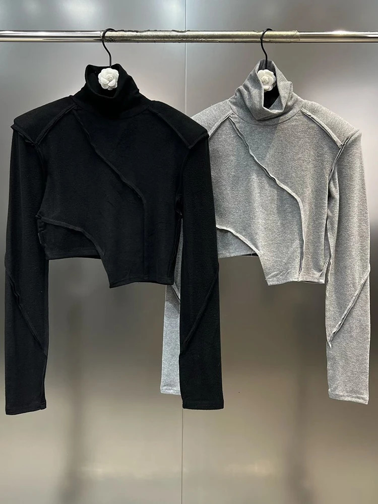 DEAT Fashion Black Womens Shoulder Pad Patchwork Tshirt Autumn Turtleneck Long Sleeves Pullover Top Female 11XX6290 241018