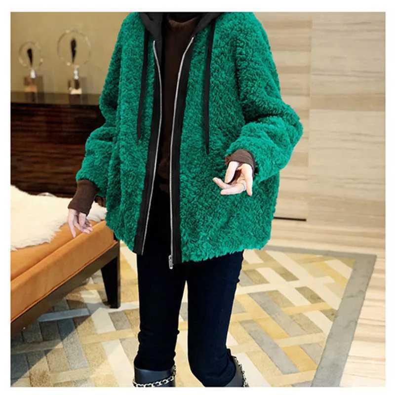 Green Plush Jackets For Women 2023 Zipper Hooded Stitching Coat Autumn Winter Fashion Long Sleeves Chamarras Para MujerX241018