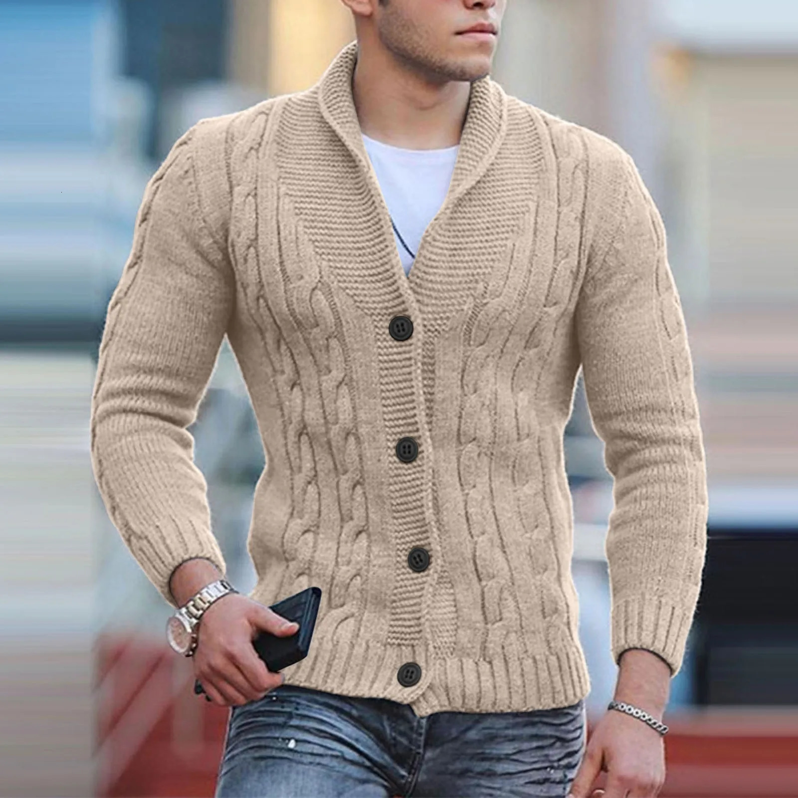 V Neck Men Cable Knit Cardigan Sweater Slim Fit Long Sleeve Casual Cardigans Coat Clothing Autumn Winter Jacket 241018