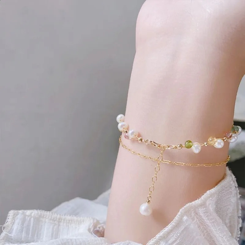 Minar Chic 14K Gold Copper Chain Rainbow Tourmaline Natural Stone Crystal Freshwater Pearl Bead Necklace 241018