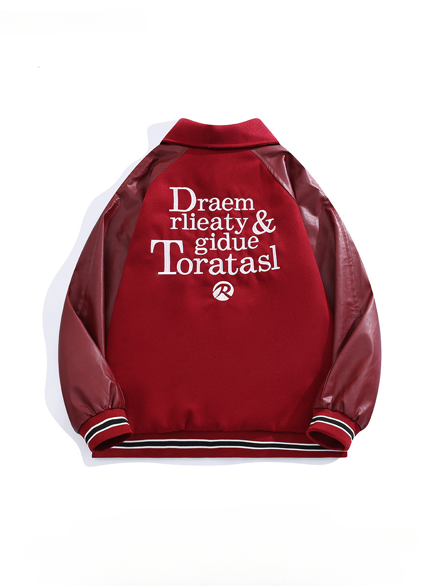 Trendy American Retro Woolen Spliced Leather Embroidered Jacket Men Women Lapel Baseball Uniform Casual Loose Couple Button Coat