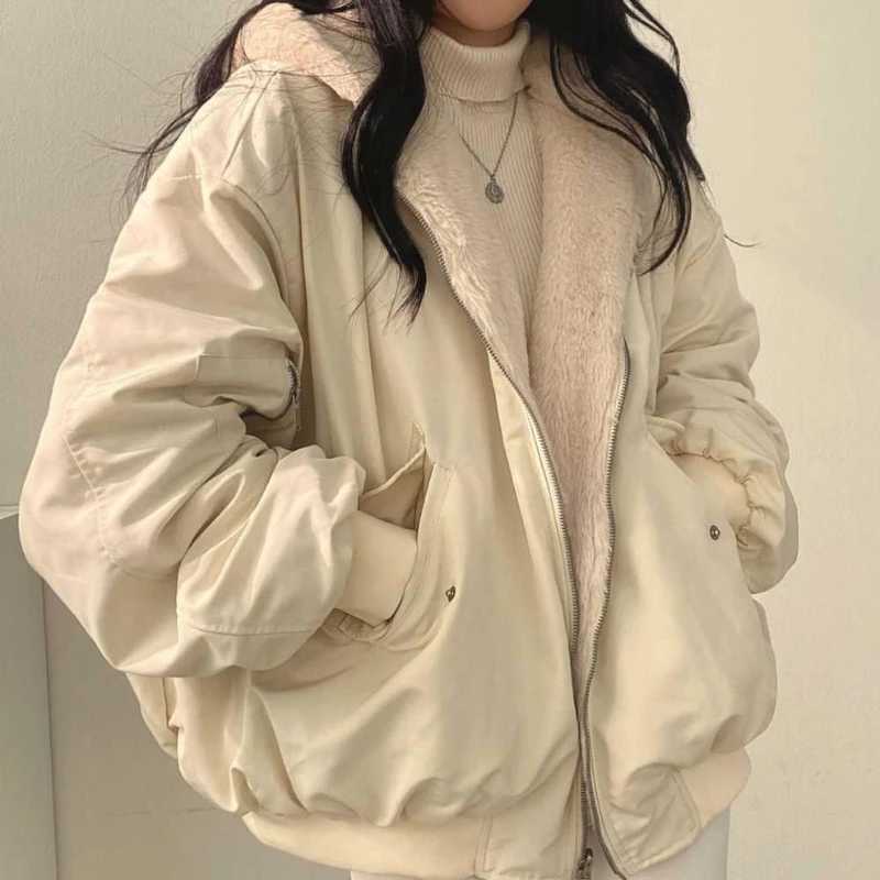 Korean style plus velvet thickened on both sides to wear lamb wool cotton clothing womens coat winter new hooded cotton jacketX241018