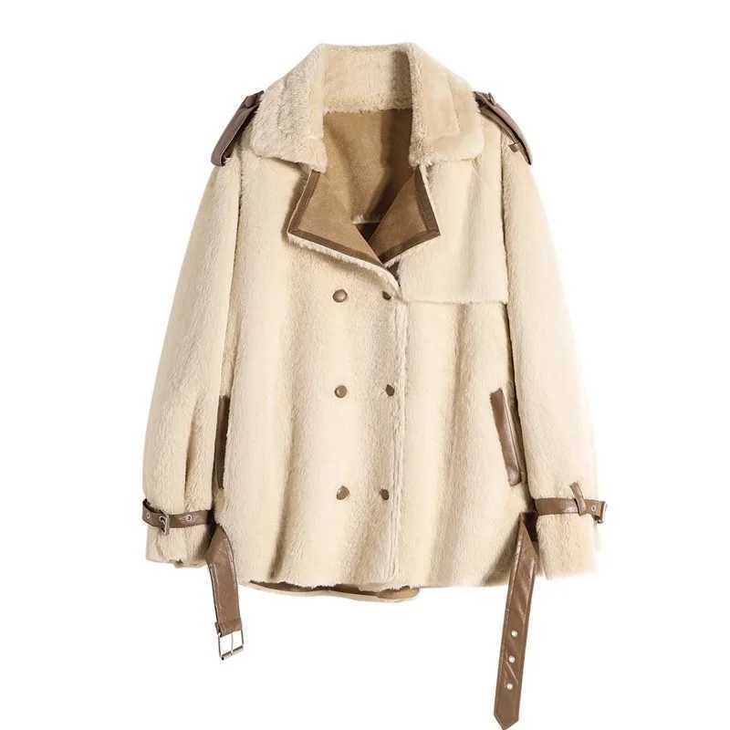 Lamb Woman Wool Jacket 2022 New Winter Fashion Double Breasted Prairie Chic Thick Loose Korean Style Hip Hop Jacket FemaleX241018