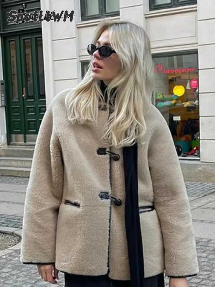 Women Autumn Winter Warm Lamb Wool Thick Coat Elegant O Neck Long Sleeve Single Breasted Loose Jacket Chic High Street OuterwearX241018