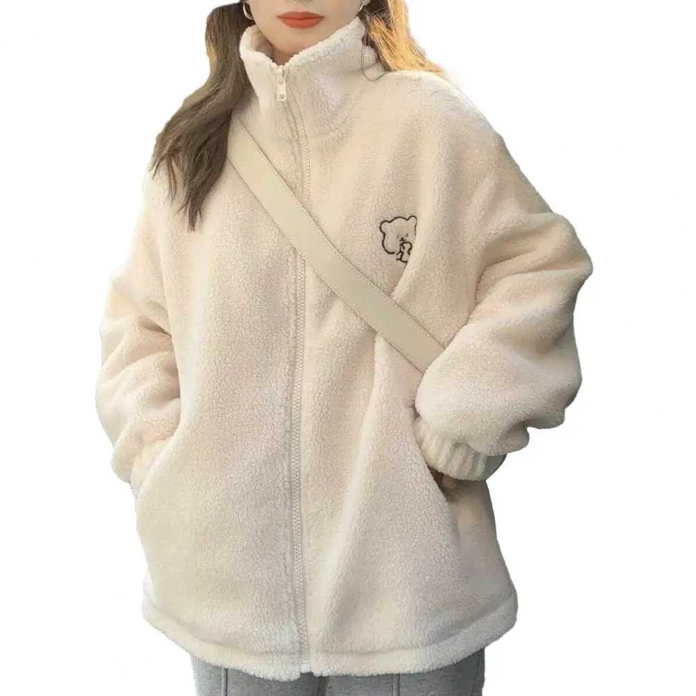 Imitation Lambswool Jacket Zipper Placket Sweatshirt Coat Thickened Plush Winter Jacket with Cartoon Bear Pattern Cozy for WomenX241018