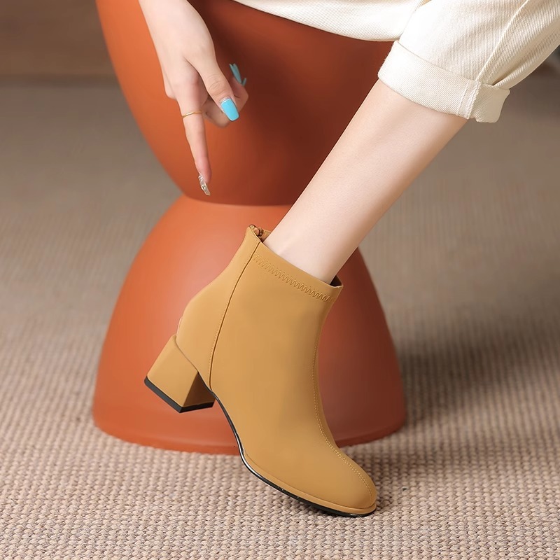 coarse heeled short boots for women 2024 spring and autumn single boots fashionable french high heels slim boots martin small round toe white womens b