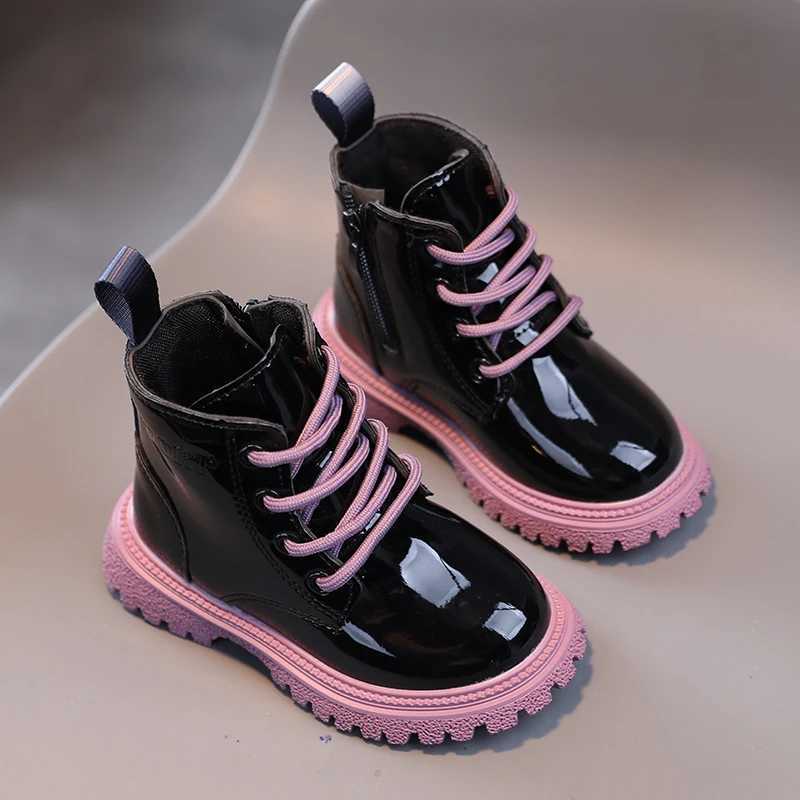 Boots New girl ankle boots single leg leather boots simple PU bright leather solid color lace childrens shoes H241018