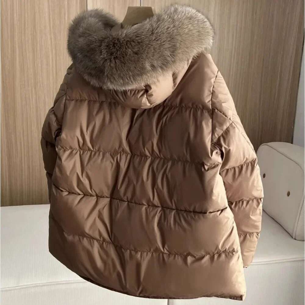 2024 New Fashion Winter White Duck Down Hooded Real Fox Fur Collar Jacket Cape Puffer Coat Women Slim Short Warm