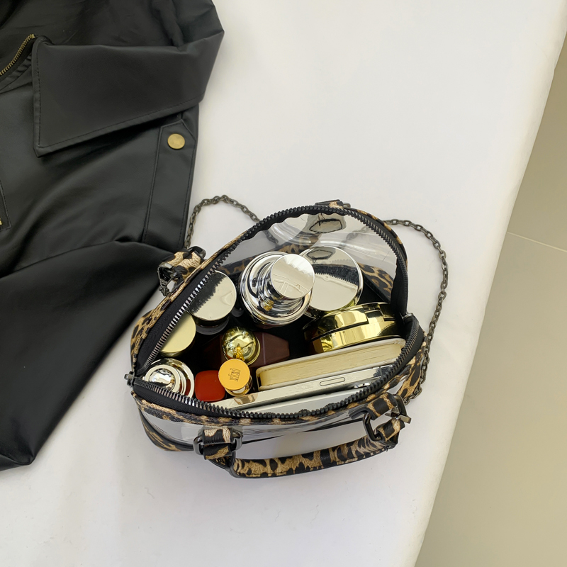Brand Shell Handbag For Women Vintage Khaki Leopard Leather Shoulder Bag Female Waterproof Transparent PVC Crossbody Bags