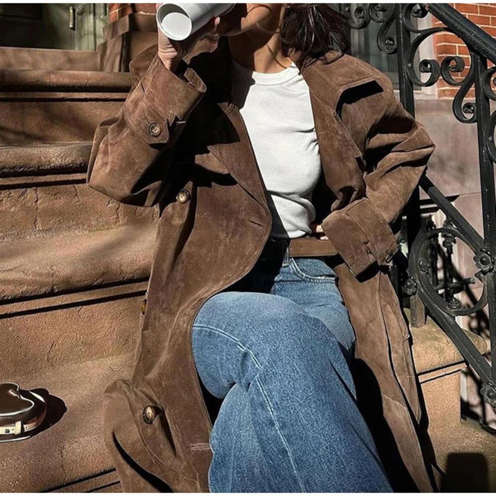 Elegant Suede Leather Belt Long Windbreaker Coat Fashion Double Button Lapel Oversize Jacket Autumn High Quality Streetwear 241018