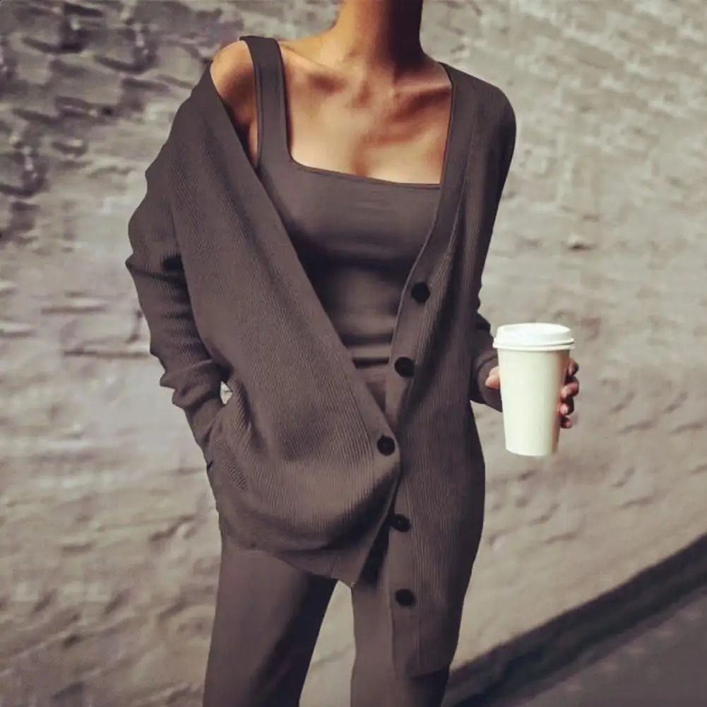 Women Three Pices Set Autumn Winter Knitted Solid Cardigan Tops Tank Top And Casual Loose Long Pants Female Suit Tracksuit 241017
