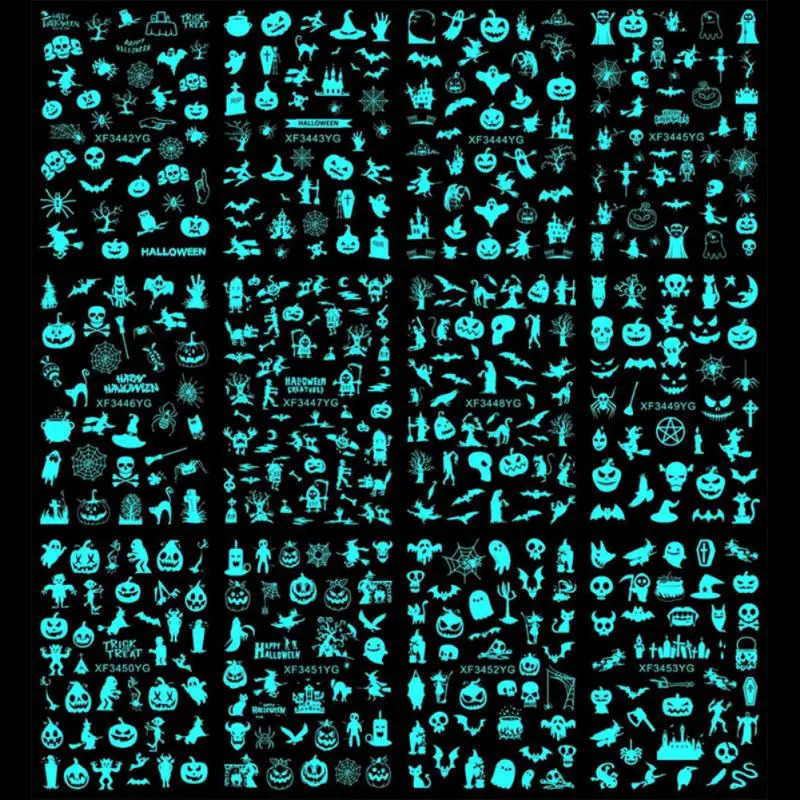Luminous Nail Stickers Set Halloween Laser Pumpkin Skull Nail Sticker Manicure Adhesive Tips Nail Art Decorations 241017