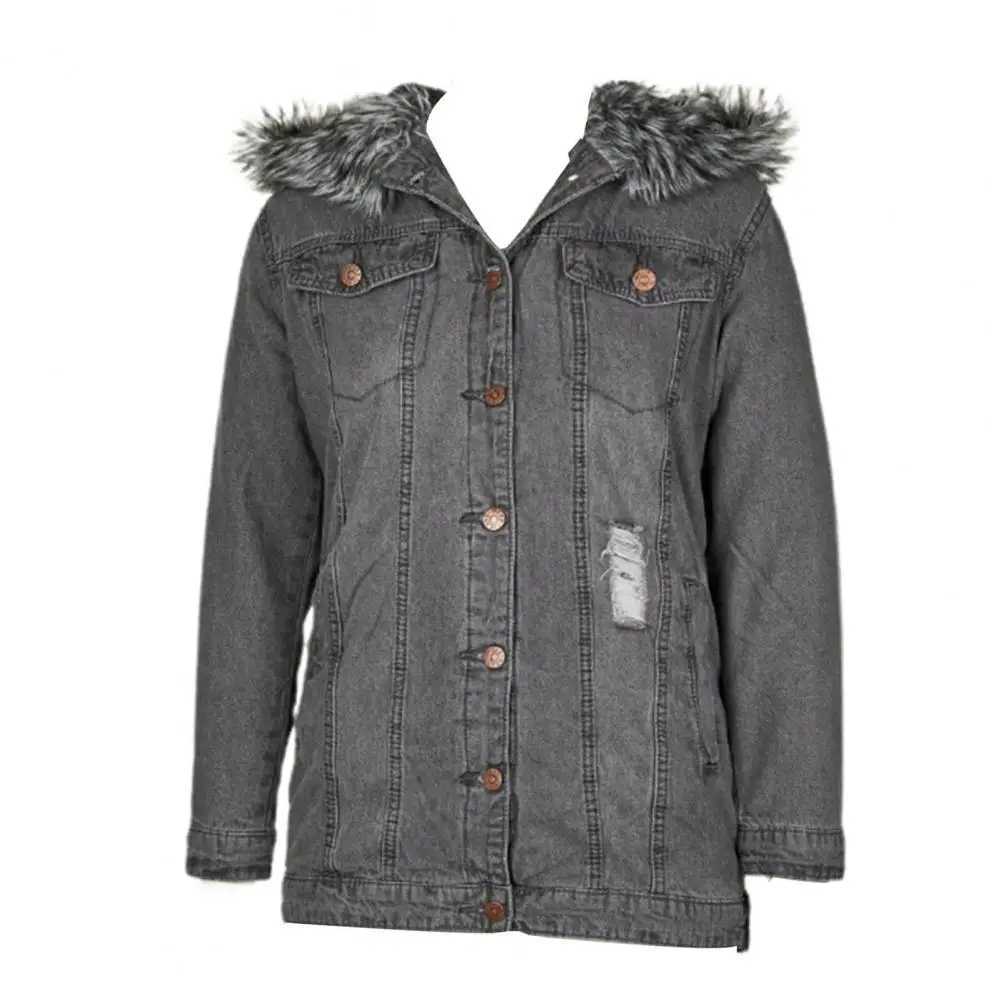 Loose Vintage Women Denim Jacket Coat Fur Hooded Plush Dilapidated Slim Mid-length Warm Jacket 2022X241018
